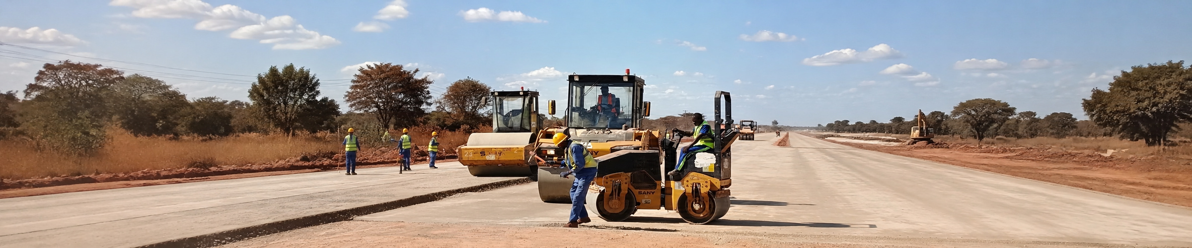 Road construction team and equipment working on a new carriageway