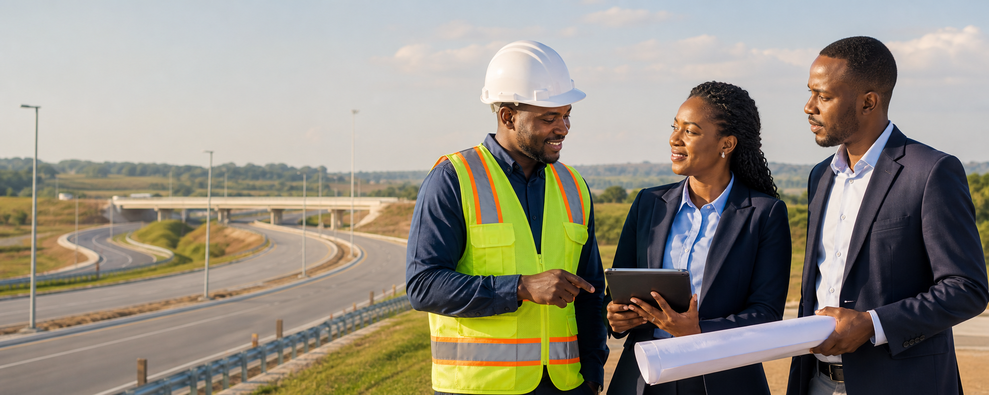 Zambian infrastructure professionals collaborating beside a modern highway
